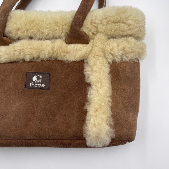 Flurries Shearling Suede Tote Bag Brown Faux Fur Winter Handbag Cozy Style - Picture 5 of 9